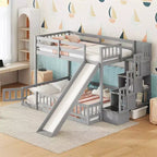 Twin Over Full Bunk Bed For Kids, Wooden Stair Bunk Bed Frame With Slide, High Guardrails, Strong Wooden Slats Supports, No Box Spring Needed