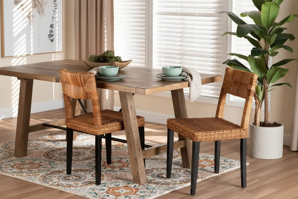 bali & pari Manrico Wood and Natural Rattan Dining Chair Dark Brown/Natural Brown: Bohemian Style, Geometric Weave, No Assembly Required