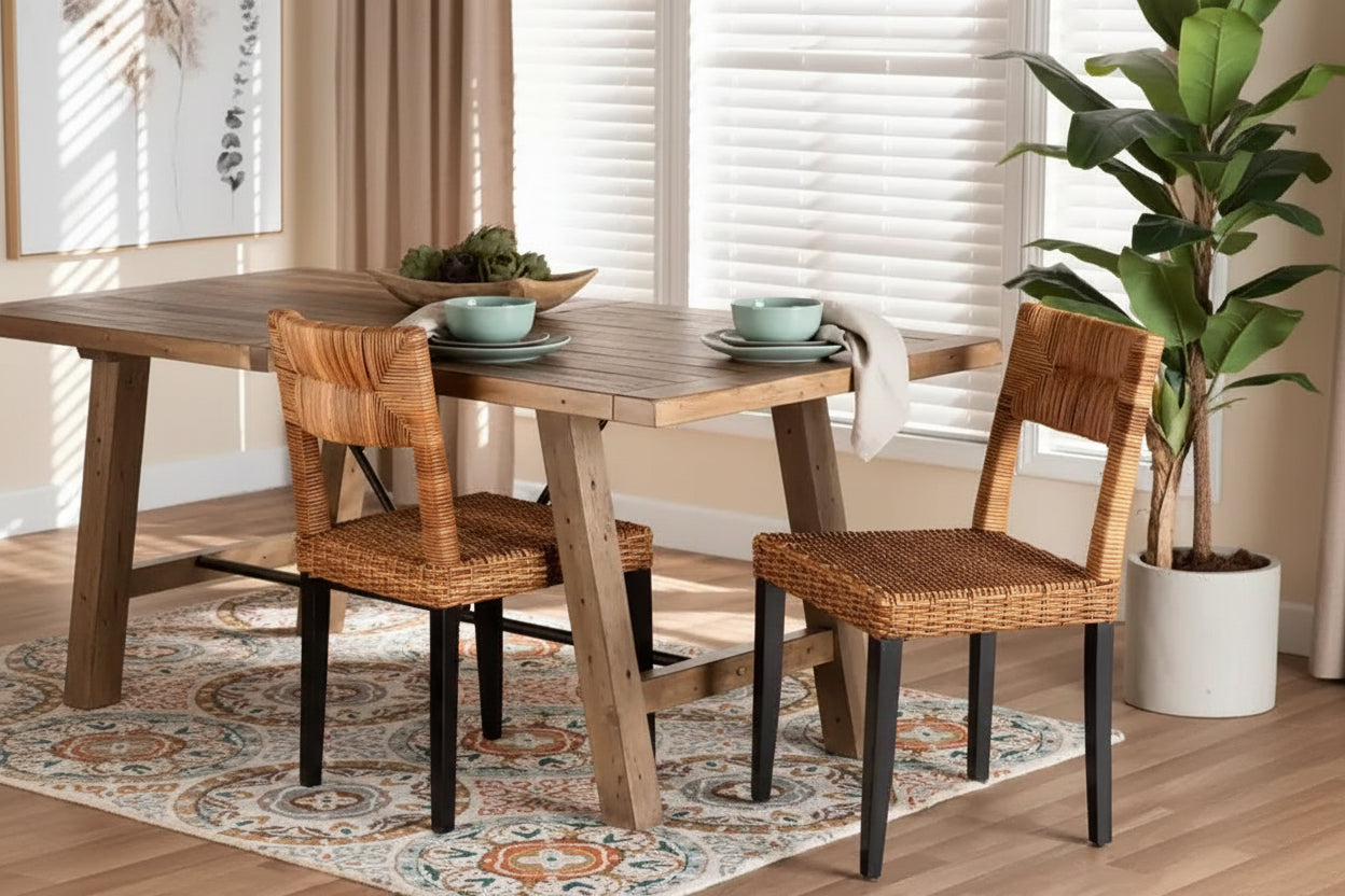 bali & pari Manrico Wood and Natural Rattan Dining Chair Dark Brown/Natural Brown: Bohemian Style, Geometric Weave, No Assembly Required