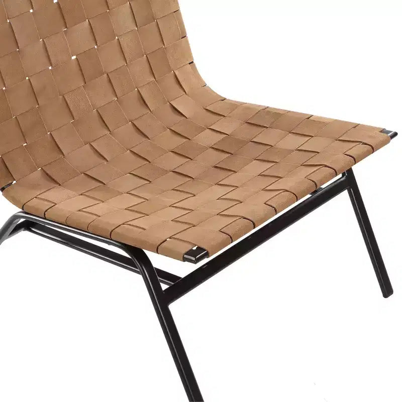 Cavett Sedia con accento in pelle intrecciata Marrone Vera pelle Struttura in metallo Metà secolo moderno