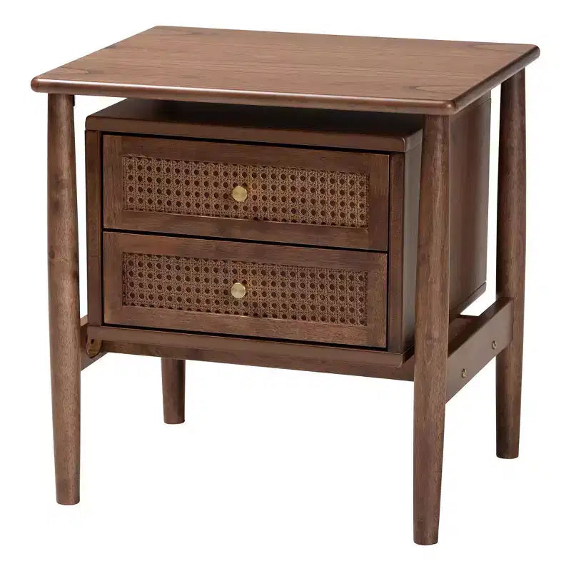 Comodino a 2 cassetti Alyssa Wood intrecciato con rattan marrone noce