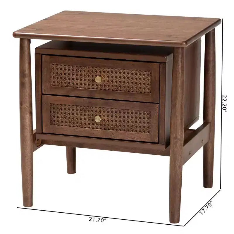 Comodino a 2 cassetti Alyssa Wood intrecciato con rattan marrone noce