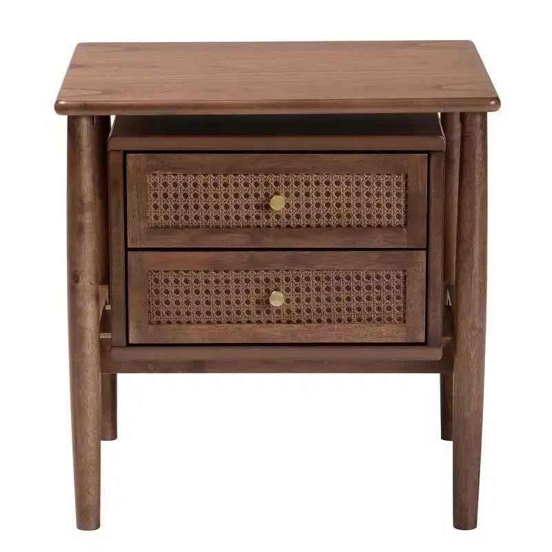 Comodino a 2 cassetti Alyssa Wood intrecciato con rattan marrone noce