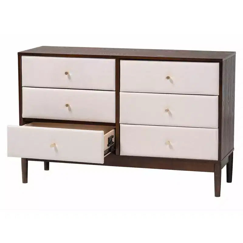 Comò Nikolai a 6 cassetti in tessuto e legno, beige/marrone wengé