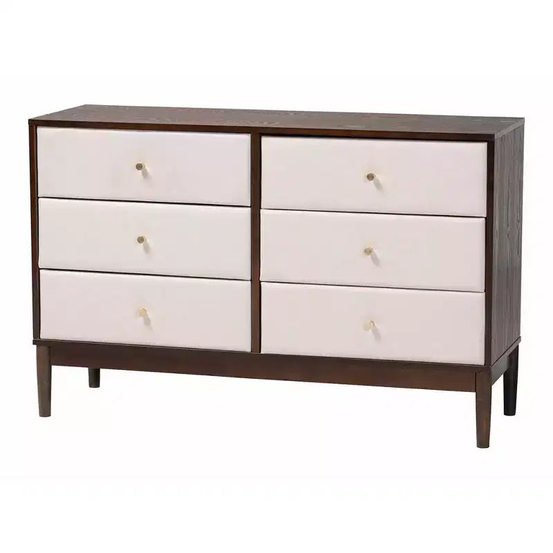 Comò Nikolai a 6 cassetti in tessuto e legno, beige/marrone wengé
