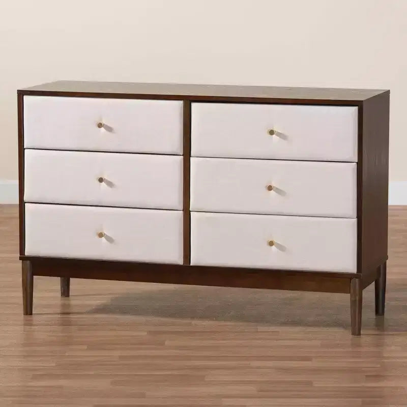 Comò Nikolai a 6 cassetti in tessuto e legno, beige/marrone wengé