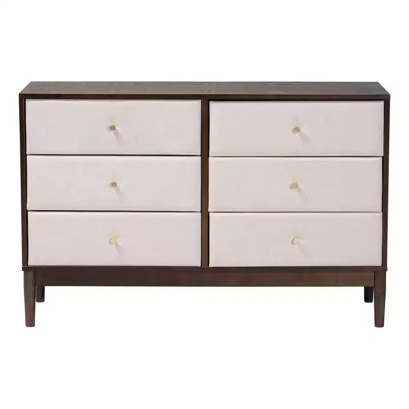 Comò Nikolai a 6 cassetti in tessuto e legno, beige/marrone wengé
