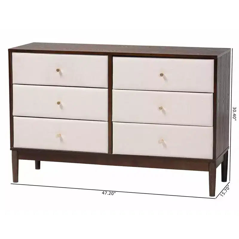 Comò Nikolai a 6 cassetti in tessuto e legno, beige/marrone wengé