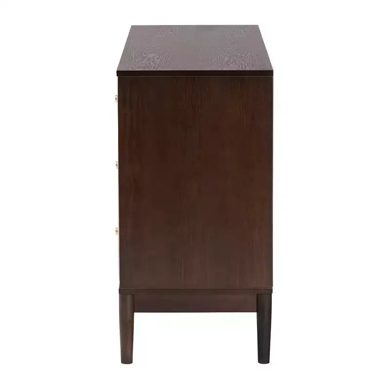 Comò Nikolai a 6 cassetti in tessuto e legno, beige/marrone wengé