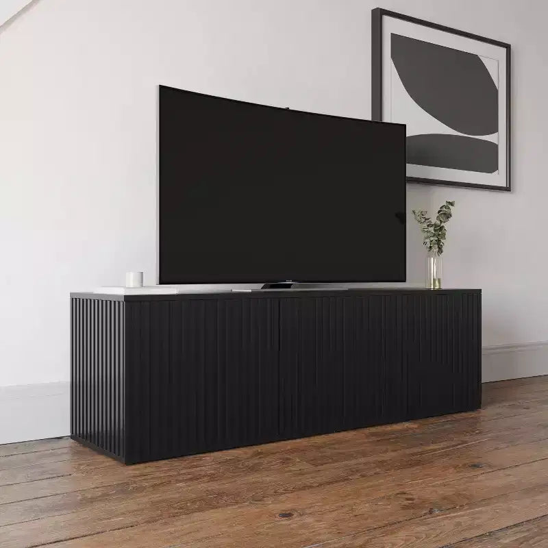Mobile TV Trelisse per TV fino a 60", Nero, Consolle multimediale moderna con ante, Composito di legno