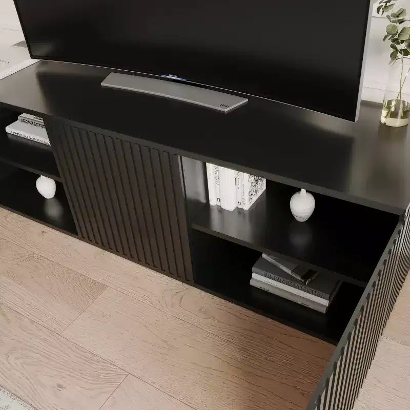 Mobile TV Trelisse per TV fino a 60", Nero, Consolle multimediale moderna con ante, Composito di legno