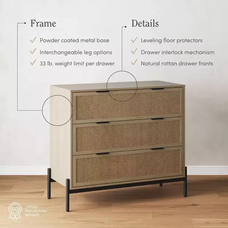Andrew Mobiletto a 3 cassetti con accenti in rattan naturale e gambe in metallo Fascino bohémien Ampio spazio di archiviazione