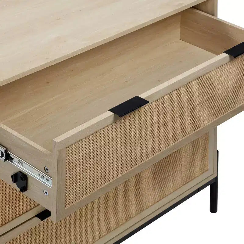 Andrew Mobiletto a 3 cassetti con accenti in rattan naturale e gambe in metallo Fascino bohémien Ampio spazio di archiviazione