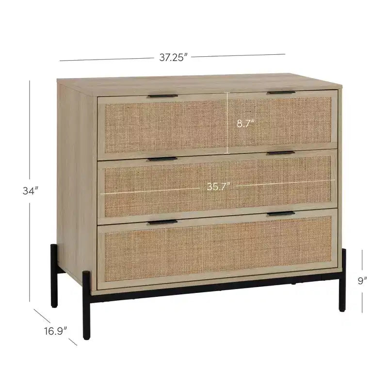Andrew Mobiletto a 3 cassetti con accenti in rattan naturale e gambe in metallo Fascino bohémien Ampio spazio di archiviazione