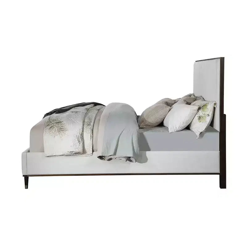 Letto matrimoniale 64,25" Carena, tessuto grigio chiaro, finitura bianco-marrone, testiera imbottita, struttura in legno, richiede box spring