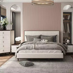 Letto matrimoniale 64,25" Carena, tessuto grigio chiaro, finitura bianco-marrone, testiera imbottita, struttura in legno, richiede box spring