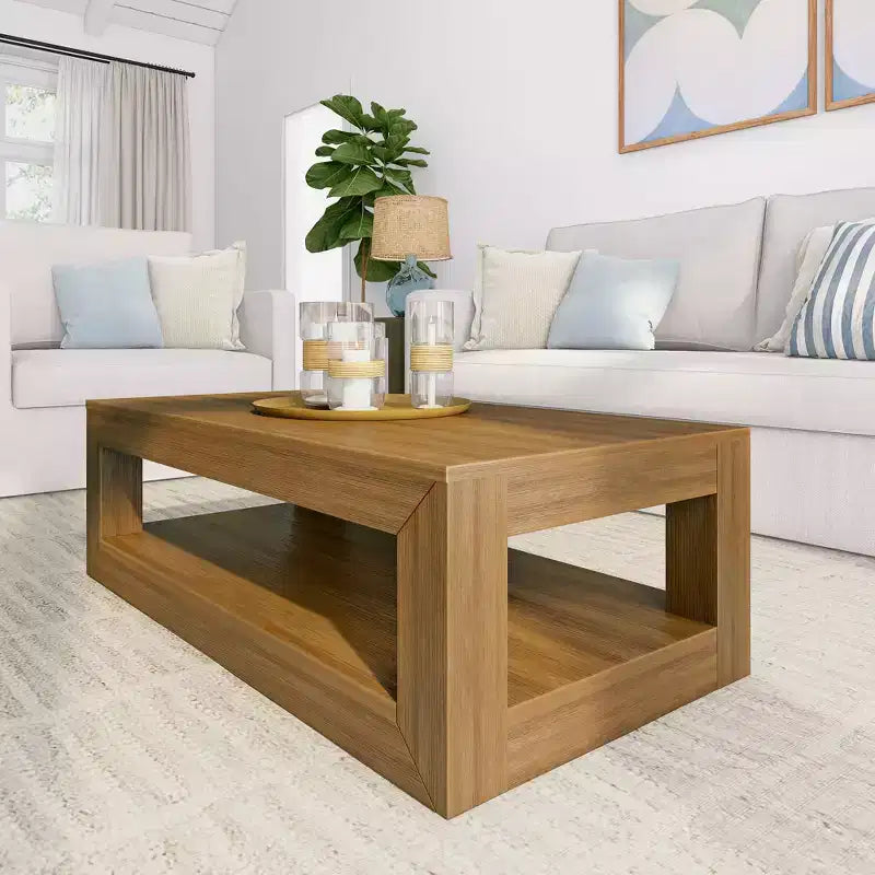 Tavolino da caffè moderno rettangolare da 40" con ripiano, tavolo in legno massello con contenitore
