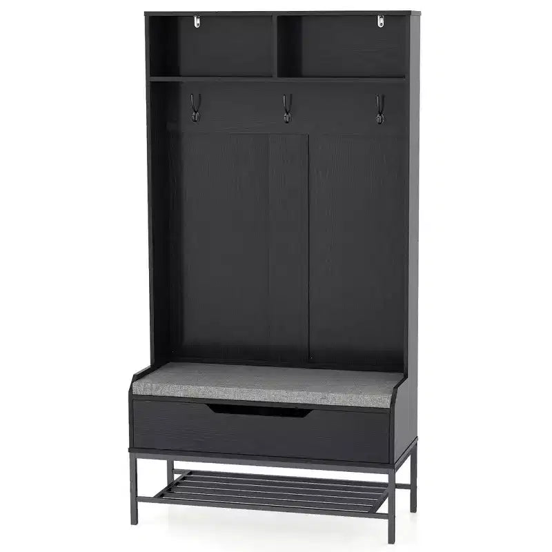 69 Appendialberi Alto con Cuscino per Seduta, Scomparti Aperti, Ganci, Vano Contenitore con Coperchio Sollevabile Bianco/Nero/Marrone Rustico