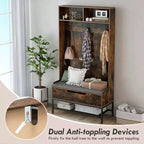 69 Appendialberi Alto con Cuscino per Seduta, Scomparti Aperti, Ganci, Vano Contenitore con Coperchio Sollevabile Bianco/Nero/Marrone Rustico