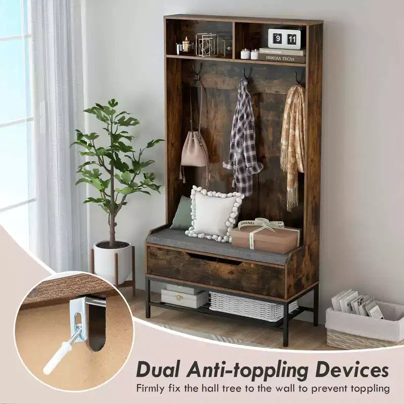69 Appendialberi Alto con Cuscino per Seduta, Scomparti Aperti, Ganci, Vano Contenitore con Coperchio Sollevabile Bianco/Nero/Marrone Rustico