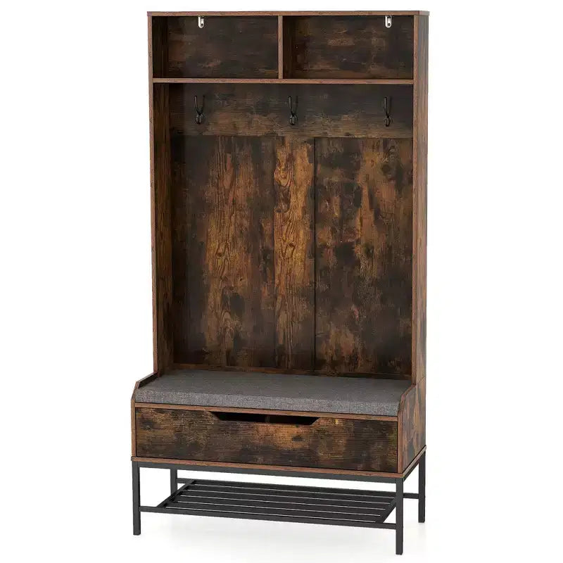 69 Appendialberi Alto con Cuscino per Seduta, Scomparti Aperti, Ganci, Vano Contenitore con Coperchio Sollevabile Bianco/Nero/Marrone Rustico