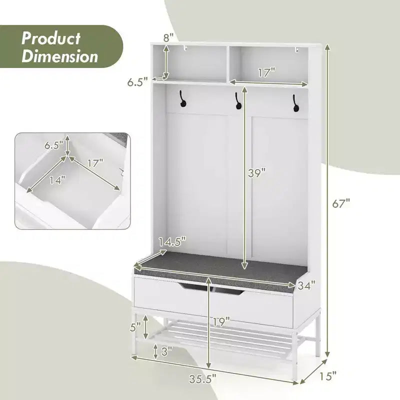 69 Appendialberi Alto con Cuscino per Seduta, Scomparti Aperti, Ganci, Vano Contenitore con Coperchio Sollevabile Bianco/Nero/Marrone Rustico