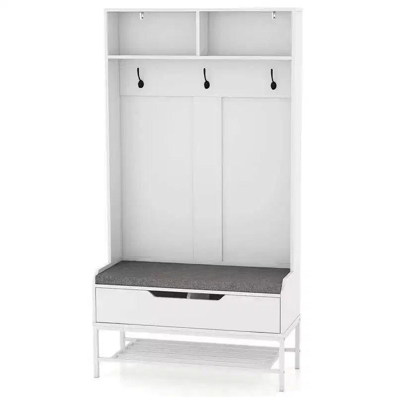 69 Appendialberi Alto con Cuscino per Seduta, Scomparti Aperti, Ganci, Vano Contenitore con Coperchio Sollevabile Bianco/Nero/Marrone Rustico