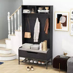69 Appendialberi Alto con Cuscino per Seduta, Scomparti Aperti, Ganci, Vano Contenitore con Coperchio Sollevabile Bianco/Nero/Marrone Rustico