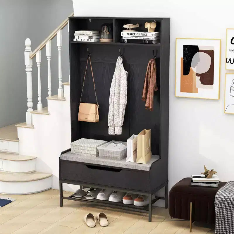 69 Appendialberi Alto con Cuscino per Seduta, Scomparti Aperti, Ganci, Vano Contenitore con Coperchio Sollevabile Bianco/Nero/Marrone Rustico