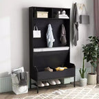 69 Appendialberi Alto con Cuscino per Seduta, Scomparti Aperti, Ganci, Vano Contenitore con Coperchio Sollevabile Bianco/Nero/Marrone Rustico