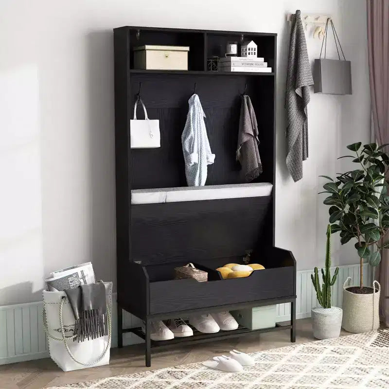 69 Appendialberi Alto con Cuscino per Seduta, Scomparti Aperti, Ganci, Vano Contenitore con Coperchio Sollevabile Bianco/Nero/Marrone Rustico