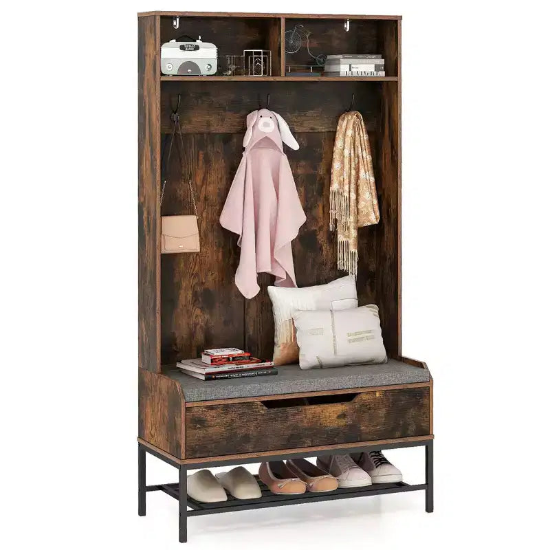69 Appendialberi Alto con Cuscino per Seduta, Scomparti Aperti, Ganci, Vano Contenitore con Coperchio Sollevabile Bianco/Nero/Marrone Rustico