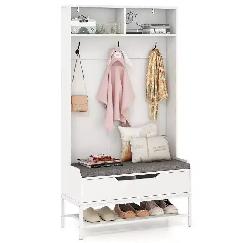 69 Appendialberi Alto con Cuscino per Seduta, Scomparti Aperti, Ganci, Vano Contenitore con Coperchio Sollevabile Bianco/Nero/Marrone Rustico