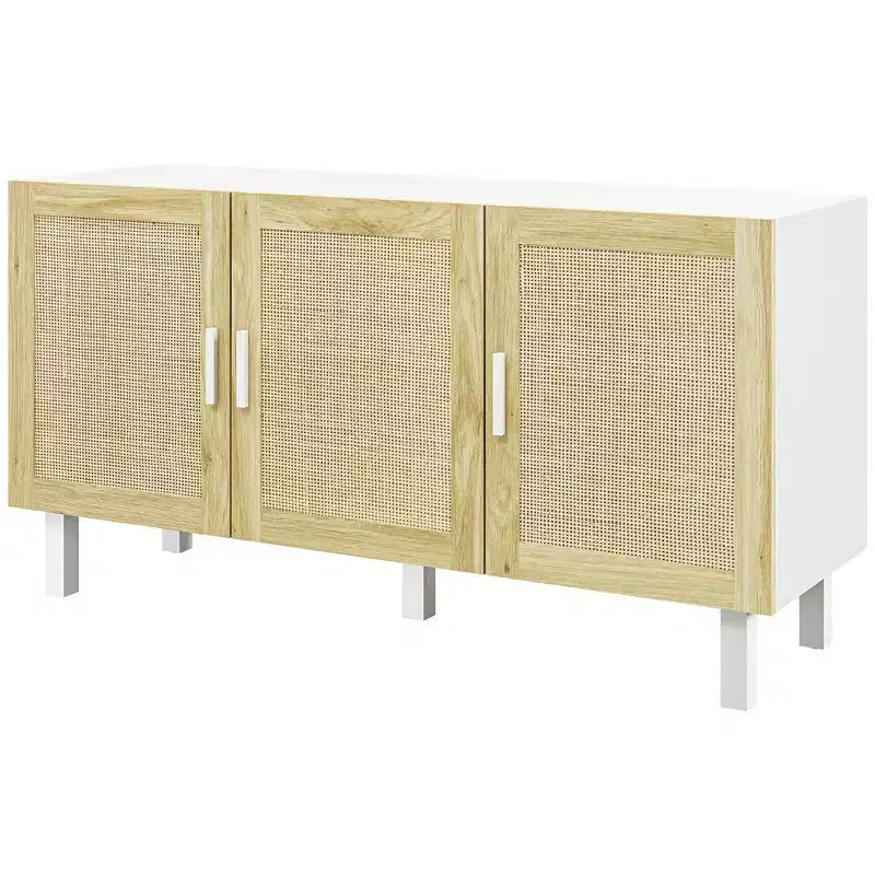 Mobile Buffet Credenza Cucina e Mobile Bar Caffè con 3 Ante in Rattan e Ripiani Regolabili