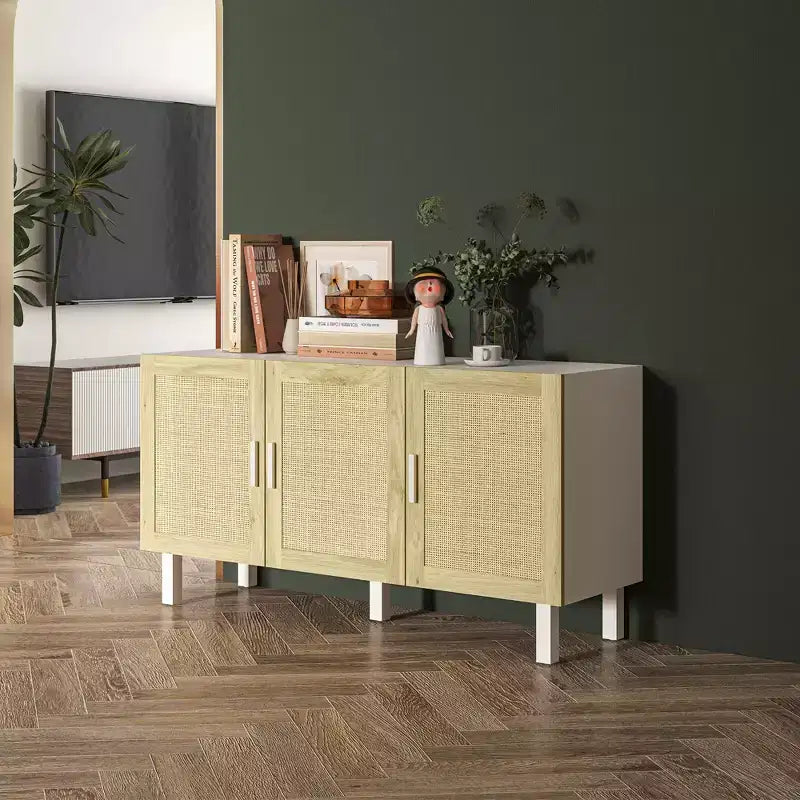 Mobile Buffet Credenza Cucina e Mobile Bar Caffè con 3 Ante in Rattan e Ripiani Regolabili