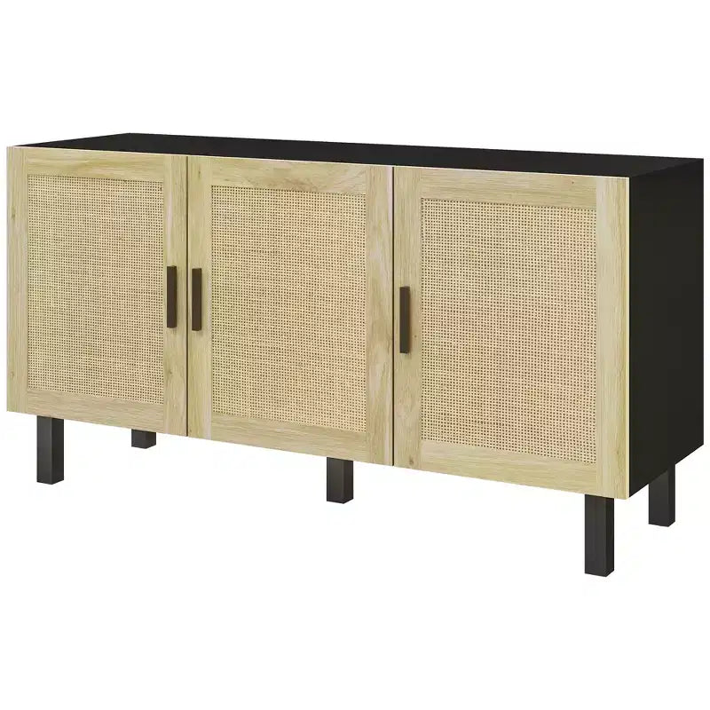 Mobile Buffet Credenza Cucina e Mobile Bar Caffè con 3 Ante in Rattan e Ripiani Regolabili