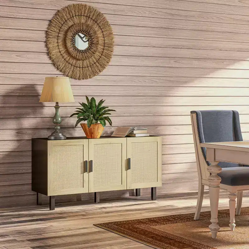 Mobile Buffet Credenza Cucina e Mobile Bar Caffè con 3 Ante in Rattan e Ripiani Regolabili