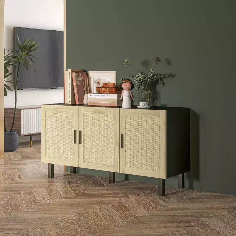Mobile Buffet Credenza Cucina e Mobile Bar Caffè con 3 Ante in Rattan e Ripiani Regolabili