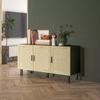 Mobile Buffet Credenza Cucina e Mobile Bar Caffè con 3 Ante in Rattan e Ripiani Regolabili