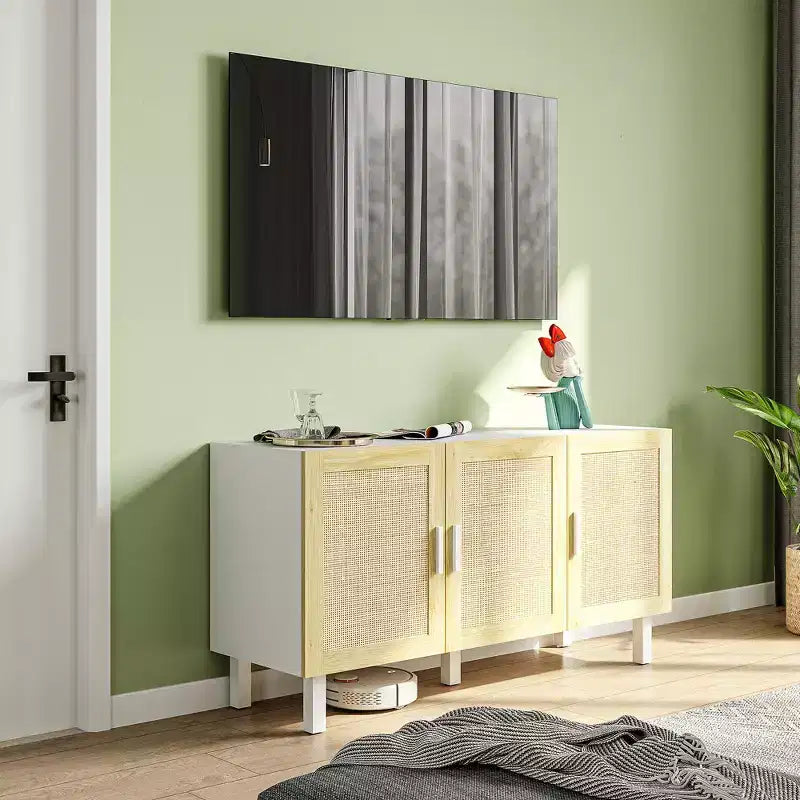 Mobile Buffet Credenza Cucina e Mobile Bar Caffè con 3 Ante in Rattan e Ripiani Regolabili