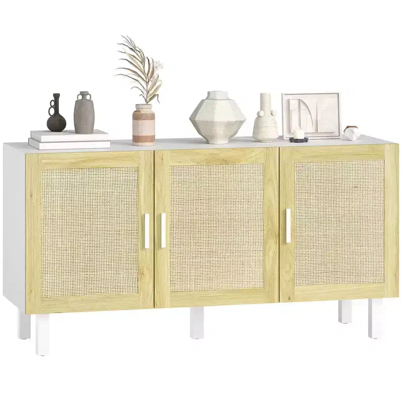 Mobile Buffet Credenza Cucina e Mobile Bar Caffè con 3 Ante in Rattan e Ripiani Regolabili